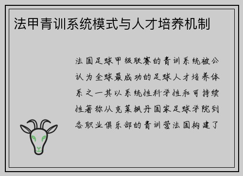 法甲青训系统模式与人才培养机制